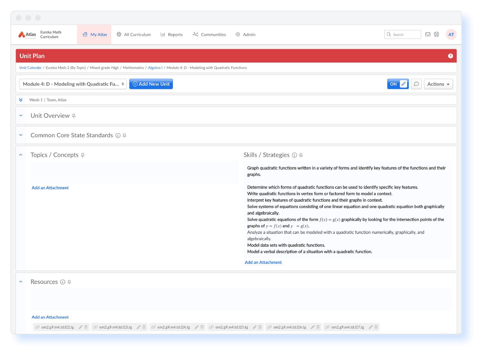 Unit page with tailored content and attached resources