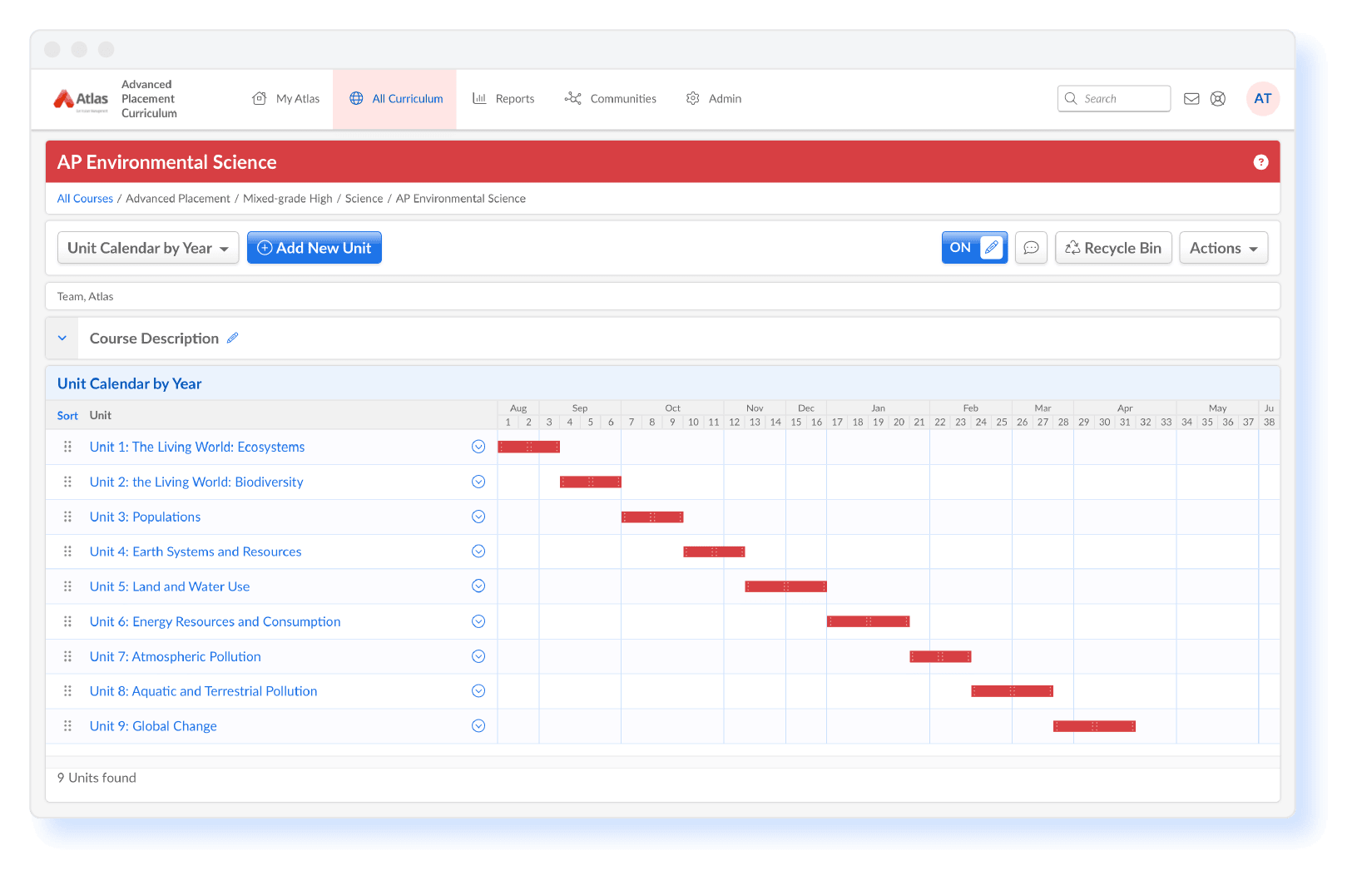 Atlas dashboard showing imported curriculum maps