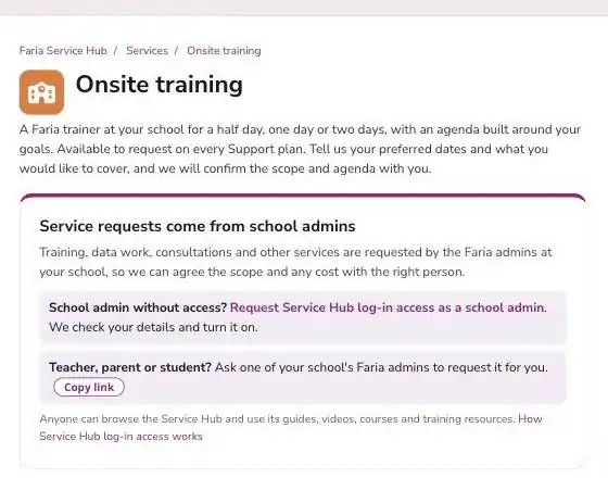 Service page showing who can request services and the link to request log-in access