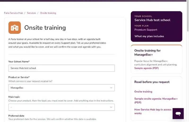 Service request page for a school admin with the form and sidebar