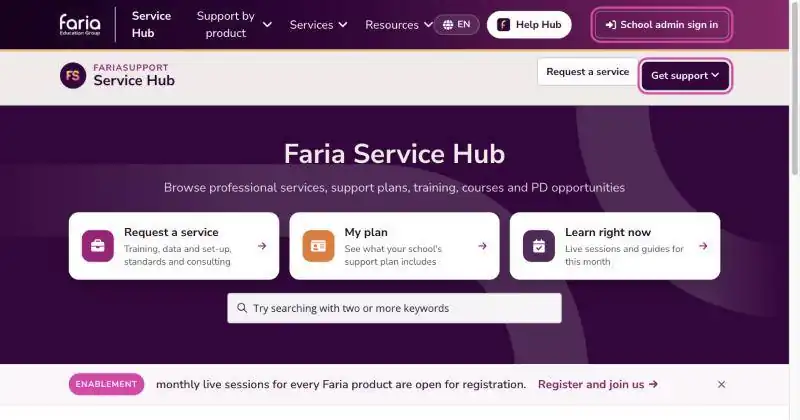 En-tête du Service Hub avec School admin sign in et Get support mis en évidence